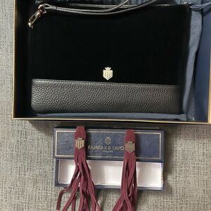 Fairfax & Favor Highbury black clutch and plum boot tassels